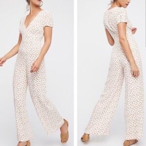 Free People Mia White Peach Fruit Print Short Sleeve Jumpsuit